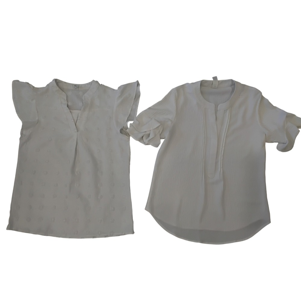 B White Blouse Lot 2 Swiss Dot Flutter Sleeve Split Neck Tops Small